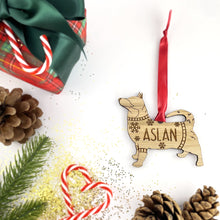 Load image into Gallery viewer, Personalised Swedish Vallhund Bauble Jumper Dog Bauble - Oak Veneer Wood - Add any name
