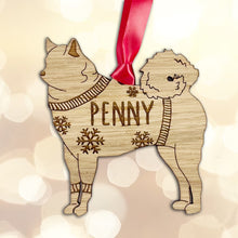 Load image into Gallery viewer, Personalised Finnish Spitz Bauble Jumper Dog Bauble - Oak Veneer Wood - Add any name
