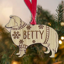 Load image into Gallery viewer, Personalised Shetland Bauble Jumper Dog Bauble - Oak Veneer Wood - Add any name
