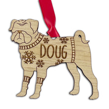 Load image into Gallery viewer, Personalised Pug Bauble Jumper Dog Bauble - Oak Veneer Wood - Add any name
