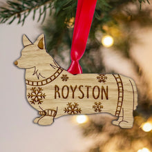 Load image into Gallery viewer, Personalised Corgi Bauble Jumper Dog Bauble - Oak Veneer Wood - Add any name
