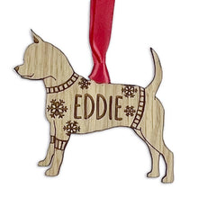 Load image into Gallery viewer, Personalised Smooth Coat Chihuahua Bauble Jumper Dog Bauble - Oak Veneer Wood - Add any name
