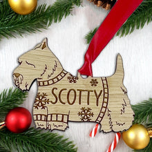 Load image into Gallery viewer, Personalised Scottie Bauble Jumper Dog Bauble - Oak Veneer Wood - Add any name
