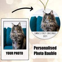 Load image into Gallery viewer, Personalised Pet&#39;s First Christmas Photo Bauble - Ceramic - Gift Boxed
