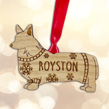 Load image into Gallery viewer, Personalised Corgi Bauble Jumper Dog Bauble - Oak Veneer Wood - Add any name
