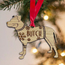 Load image into Gallery viewer, Personalised Pitfall Bauble Jumper Dog Bauble - Oak Veneer Wood - Add any name
