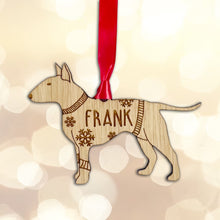 Load image into Gallery viewer, Personalised English Bull Terrier Bauble Jumper Dog Bauble - Oak Veneer Wood - Add any name
