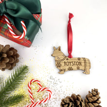 Load image into Gallery viewer, Personalised Corgi Bauble Jumper Dog Bauble - Oak Veneer Wood - Add any name
