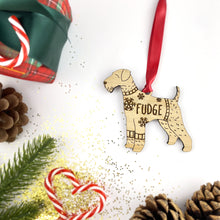 Load image into Gallery viewer, Personalised Airdale Terrier Bauble Jumper Dog Bauble - Oak Veneer Wood - Add any name
