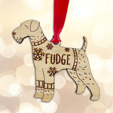 Load image into Gallery viewer, Personalised Airdale Terrier Bauble Jumper Dog Bauble - Oak Veneer Wood - Add any name
