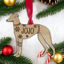 Load image into Gallery viewer, Personalised Greyhound Bauble Jumper Dog Bauble - Oak Veneer Wood - Add any name
