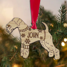 Load image into Gallery viewer, Personalised Lakeland Bauble Jumper Dog Bauble - Oak Veneer Wood - Add any name
