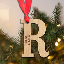 Load image into Gallery viewer, Personalised Wooden Letter Christmas Name and Year Initial Bauble
