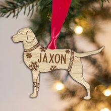 Load image into Gallery viewer, Personalised Chesapeake Bay Retriever Bauble Jumper Dog Bauble - Oak Veneer Wood - Add any name
