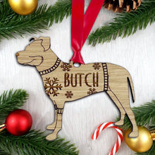 Load image into Gallery viewer, Personalised Pitfall Bauble Jumper Dog Bauble - Oak Veneer Wood - Add any name
