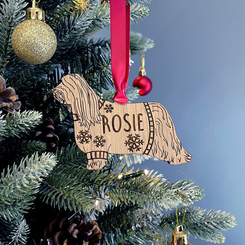 Personalised Bearded Collie Bauble Jumper Dog Bauble - Oak Veneer Wood - Add any name