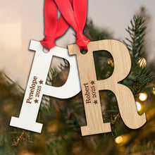 Load image into Gallery viewer, Personalised Wooden Letter Christmas Name and Year Initial Bauble
