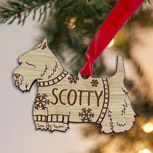 Load image into Gallery viewer, Personalised Scottie Bauble Jumper Dog Bauble - Oak Veneer Wood - Add any name
