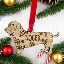 Load image into Gallery viewer, Personalised Basset Hound Bauble Jumper Dog Bauble - Oak Veneer Wood - Add any name
