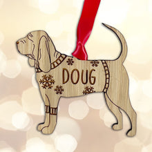 Load image into Gallery viewer, Personalised Blood Hound Bauble Jumper Dog Bauble - Oak Veneer Wood - Add any name
