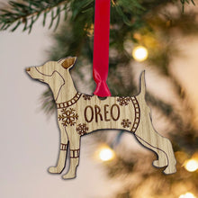 Load image into Gallery viewer, Personalised Miniature Pinscher Bauble Jumper Dog Bauble - Oak Veneer Wood - Add any name

