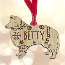 Load image into Gallery viewer, Personalised Shetland Bauble Jumper Dog Bauble - Oak Veneer Wood - Add any name
