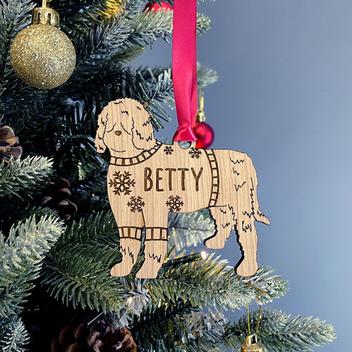 Personalised Barbet Bauble Jumper Dog Bauble - Oak Veneer Wood - Add any name