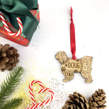 Load image into Gallery viewer, Personalised Tibetan Terrier Bauble Jumper Dog Bauble - Oak Veneer Wood - Add any name
