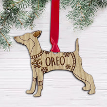 Load image into Gallery viewer, Personalised Miniature Pinscher Bauble Jumper Dog Bauble - Oak Veneer Wood - Add any name
