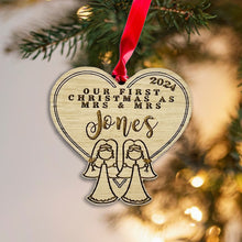 Load image into Gallery viewer, Personalised Mrs &amp; Mrs Stick Figure Tree Decoration - Sustainable Oak Wooden Bauble
