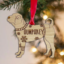 Load image into Gallery viewer, Personalised Chinese Shar-Pei Bauble Jumper Dog Bauble - Oak Veneer Wood - Add any name
