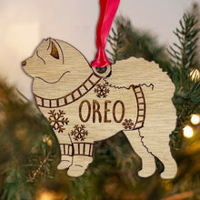 Load image into Gallery viewer, Personalised Chow Chow Bauble Jumper Dog Bauble - Oak Veneer Wood - Add any name
