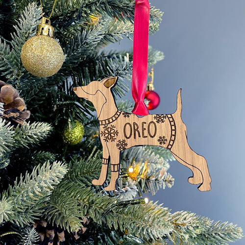 Personalised Miniature Schnauzer Bauble Jumper Dog Bauble - Oak Veneer Wood - Add any name