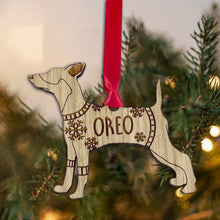 Load image into Gallery viewer, Personalised Miniature Pinscher Bauble Jumper Dog Bauble - Oak Veneer Wood - Add any name
