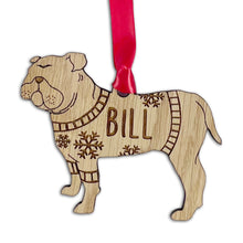Load image into Gallery viewer, Personalised Bulldog Bauble Jumper Dog Bauble - Oak Veneer Wood - Add any name
