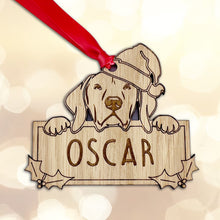 Load image into Gallery viewer, Personalised Hungarian Vizsla Dog Bauble - Peeking Dog - Oak Veneer Wood - Add your own name!
