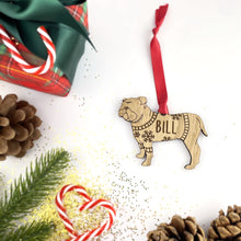 Load image into Gallery viewer, Personalised Bulldog Bauble Jumper Dog Bauble - Oak Veneer Wood - Add any name
