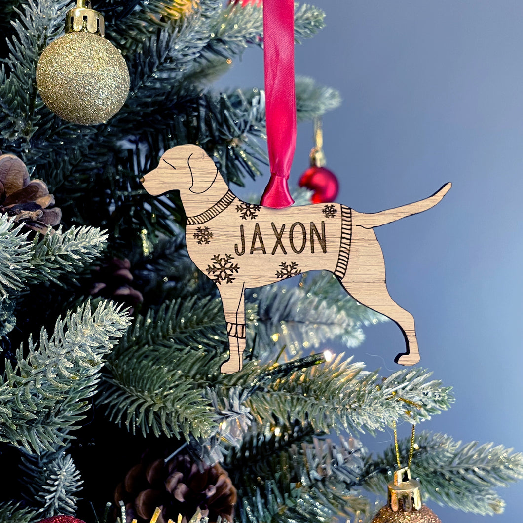 Personalised Chesapeake Bay Retriever Bauble Jumper Dog Bauble - Oak Veneer Wood - Add any name