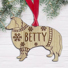 Load image into Gallery viewer, Personalised Shetland Bauble Jumper Dog Bauble - Oak Veneer Wood - Add any name
