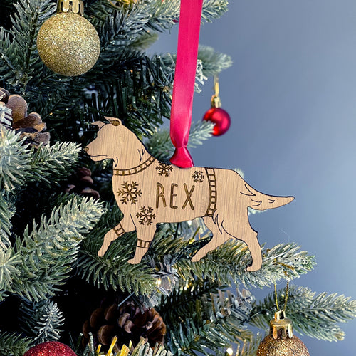 Personalised Border Collie Bauble Jumper Dog Bauble - Oak Veneer Wood - Add any name