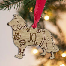 Load image into Gallery viewer, Personalised Rough Collie Bauble Jumper Dog Bauble - Oak Veneer Wood - Add any name
