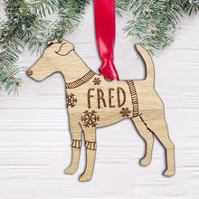 Load image into Gallery viewer, Personalised Fox Terrier Bauble Jumper Dog Bauble - Oak Veneer Wood - Add any name
