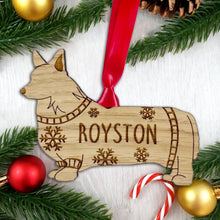 Load image into Gallery viewer, Personalised Corgi Bauble Jumper Dog Bauble - Oak Veneer Wood - Add any name

