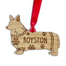 Load image into Gallery viewer, Personalised Corgi Bauble Jumper Dog Bauble - Oak Veneer Wood - Add any name
