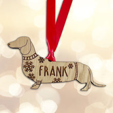 Load image into Gallery viewer, Personalised Daschund Bauble Jumper Dog Bauble - Oak Veneer Wood - Add any name
