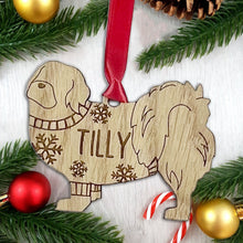 Load image into Gallery viewer, Personalised Tibetan Spaniel Bauble Jumper Dog Bauble - Oak Veneer Wood - Add any name
