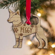 Load image into Gallery viewer, Personalised Portuguese Podengo Bauble Jumper Dog Bauble - Oak Veneer Wood - Add any name
