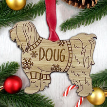 Load image into Gallery viewer, Personalised Tibetan Terrier Bauble Jumper Dog Bauble - Oak Veneer Wood - Add any name
