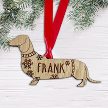 Load image into Gallery viewer, Personalised Daschund Bauble Jumper Dog Bauble - Oak Veneer Wood - Add any name
