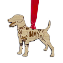 Load image into Gallery viewer, Personalised Patterdale Bauble Jumper Dog Bauble - Oak Veneer Wood - Add any name
